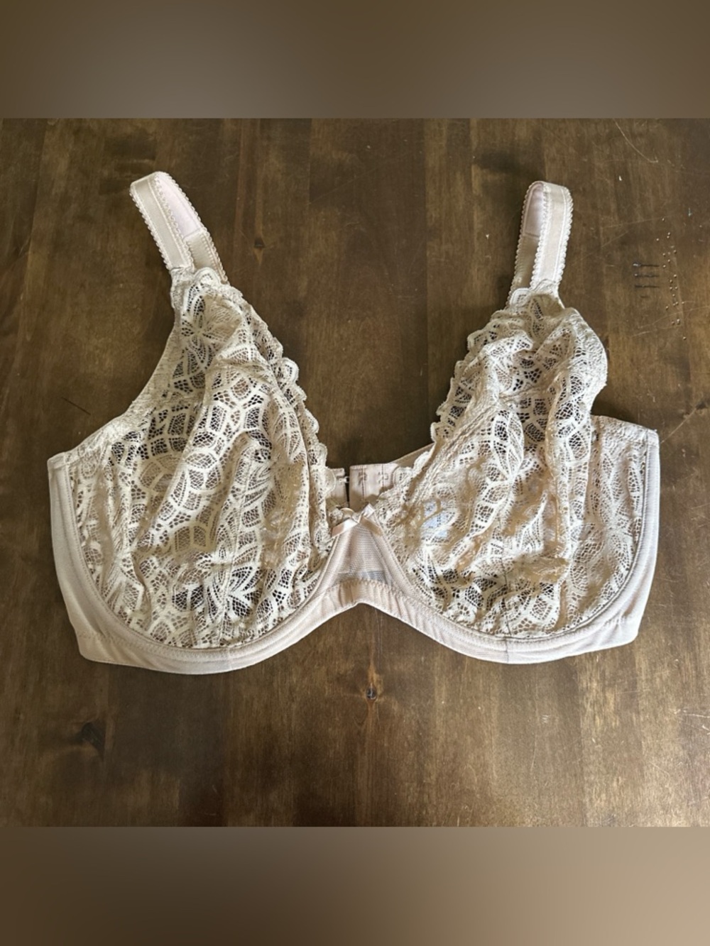 Glamorise Bra 42G Beige Sheer Lace Bow Sexy Lingerie Comfy Underwire